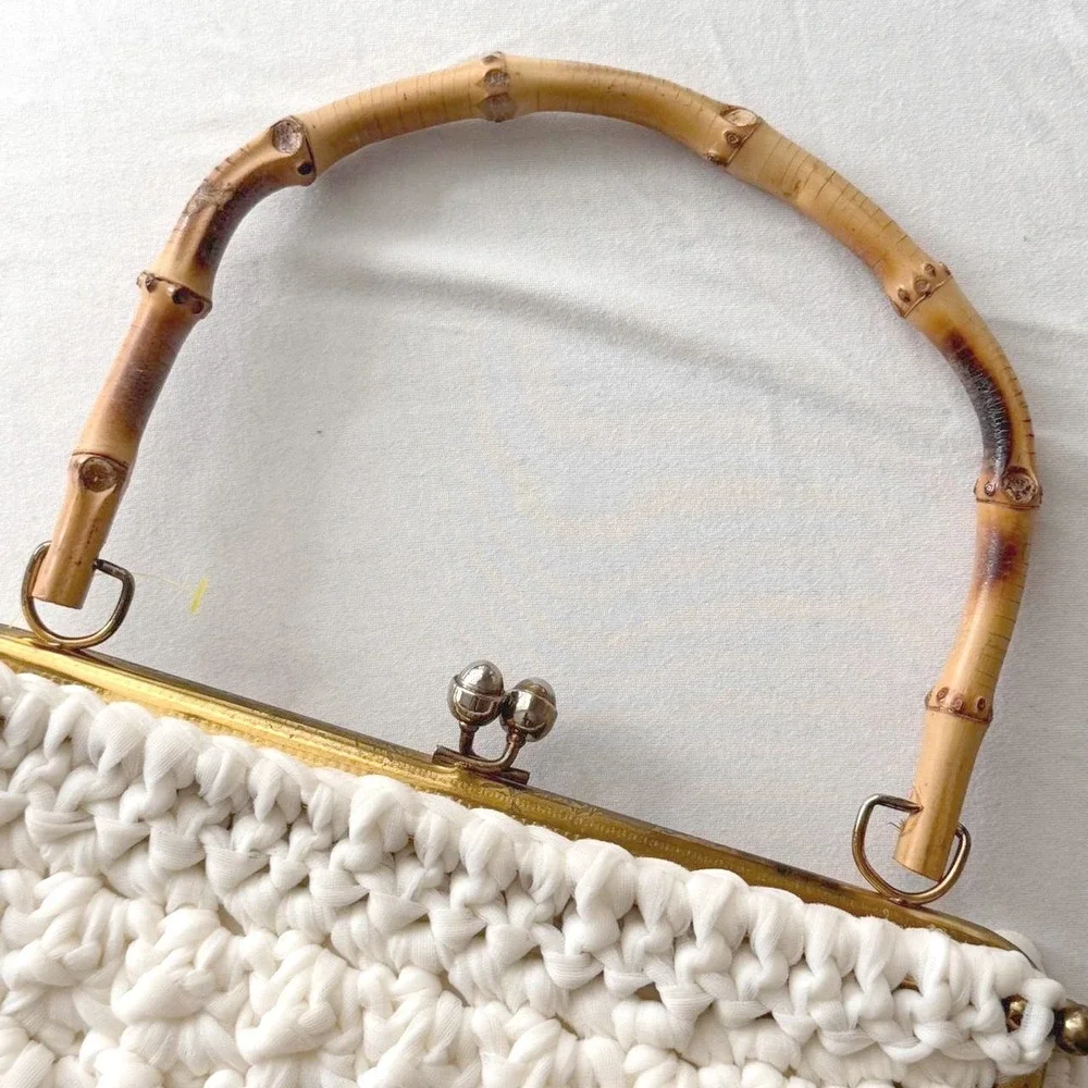 Vintage Crochet Macrame Handbag 1950s Silk-lined Bamboo Handle Kiss Lock Purse